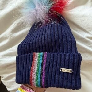 Kids Navy Knit Beanie with Rainbow Stripe and Multicolor Pom